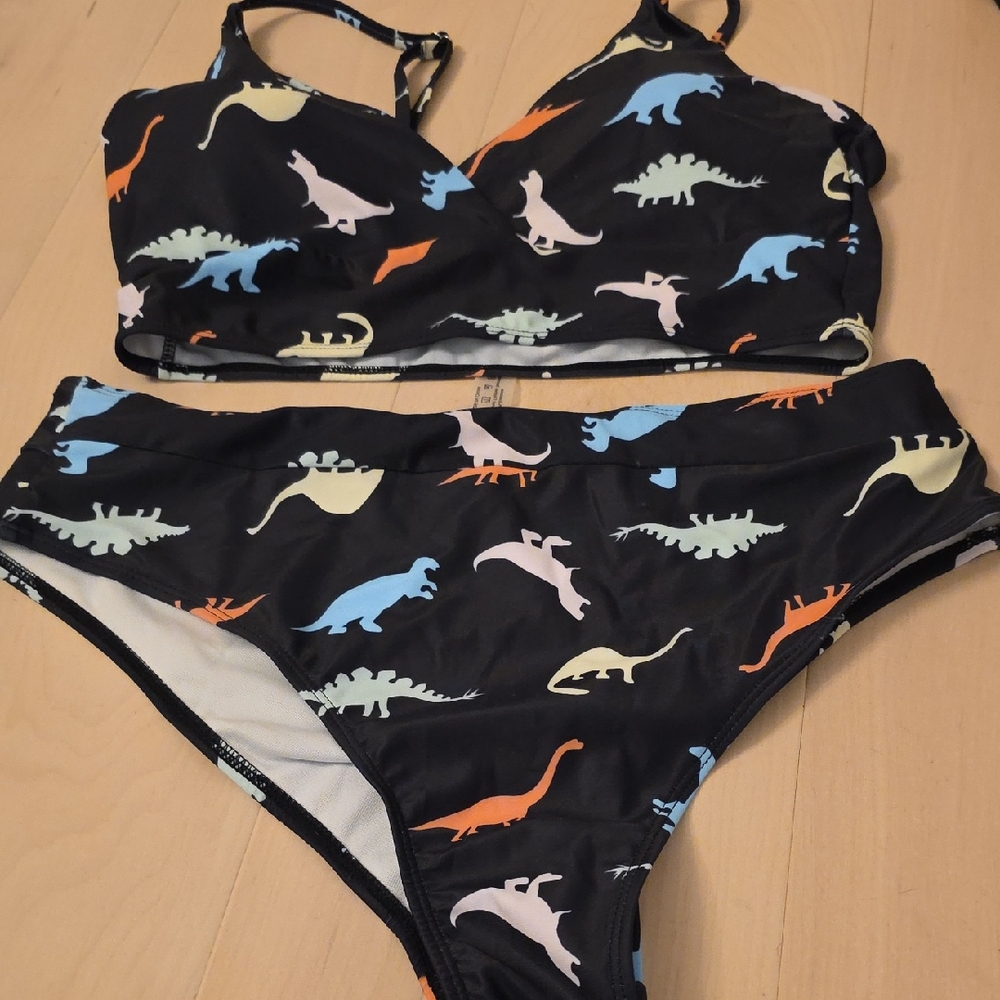 Black Dinosaur Print Bikini Set